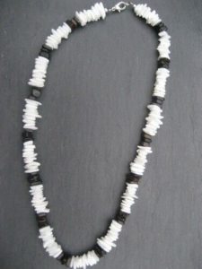 Hawaiian White And Black Puka Shell Chip Heishe Surfer Necklace