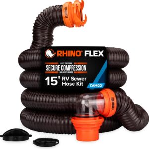 Camco RhinoFLEX 15-Ft RV Sewer Hose Kit - Features Clear Elbow Fitting w/Removable 4-in-1 Adapter