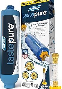 Camco Tastepure RV Water Filter - New & Advanced RV Inline Water Filter with Flexible Hose Protector